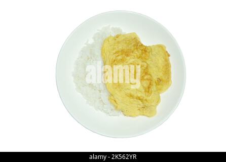 crispy Thai egg omelet topping on plain rice Stock Photo