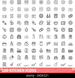 100 kitchen icons set. Outline illustration of 100 kitchen icons vector set isolated on white background Stock Vector