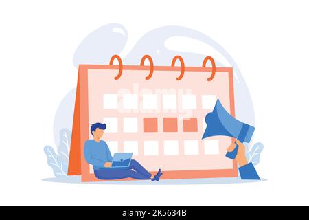 Event calendar notification. Freelancer project, deadline date, appointment reminder. Calender and megaphone isolated design element. Time management. Stock Vector