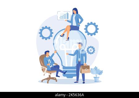 Company teamwork, idea generation. Discussion, meeting, conference. Corporate workers characters brainstorming, business strategy planning. Vector ill Stock Vector