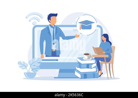 Online lecturing. Distance learning opportunities, self education, internet courses. E learning technologies. Woman watching video tutorial. Vector il Stock Vector