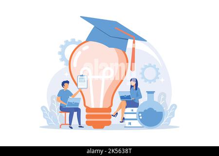 Interesting chemistry facts online searching. Self education, exam preparing, Internet surfing. Man and woman characters browsing scientific website. Stock Vector