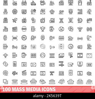 100 mass media icons set. Outline illustration of 100 mass media icons vector set isolated on white background Stock Vector