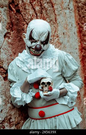 closeup of a creepy evil clown, wearing a gray costume with ruffles, red pom-poms, and a white ruff, having a skull in his hands leaning on the old an Stock Photo