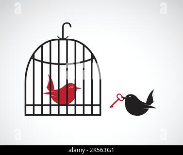 Vector image of a bird in the cage and outside the cage and key. Freedom concept, Help concept. Vector. Easy editable layered vector illustration. Stock Vector