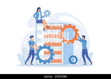 Server hardware maintenance. Teamwork fixing gear. Data storage, ethernet cluster, datacenter system. Supercomputer infrastructure. Workstation domain Stock Vector