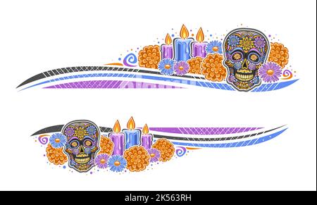 Vector border for Day of the Dead with empty copy space for text, greeting card with illustration of decorative art creepy skull, burning candles, fes Stock Vector