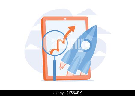 Mobile software optimization. Business development, startup, launching process. Rocketship and smartphone isolated flat design element. Vector illustr Stock Vector