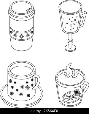 Mulled wine icon set. Isometric set of mulled wine vector icons outline isolated on white background Stock Vector