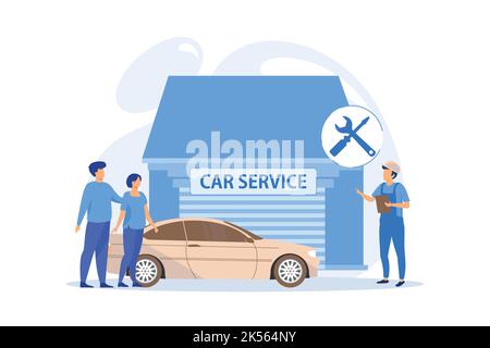Auto mechanic and business people at car service having their car repaired. Car service, automobile repair shop, vehicle repair service concept. vecto Stock Vector