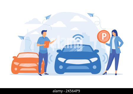 Self-driving car with sensors automatically parked in parking lot. Self-parking car system, self-parking vehicle, smart parking technology concept. ve Stock Vector