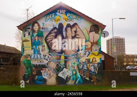 Political murals at New Lodge, Belfast, a Catholic/Green area. 'Free the POWs, Saoirse' Stock Photo