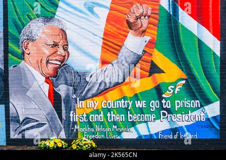 Belfast, Northern Ireland. 7th Dec 2013 - Floral tributes left at Mandela Mural following the death of Nelson Mandela on the 5th December. Credit:  Stephen Barnes/Alamy Live News Stock Photo