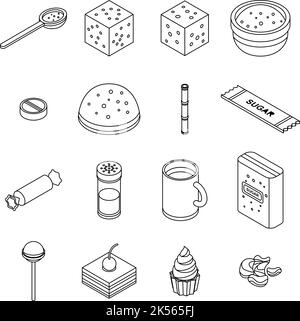 Sugar icons set. Isometric set of sugar vector icons outline isolated on white background Stock Vector