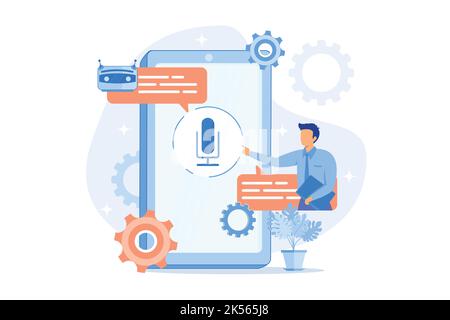 Businessman communicates with chatbot with voice commands. Voice controlled chatbot, talking virtual assistant, smartphone voice application concept. Stock Vector