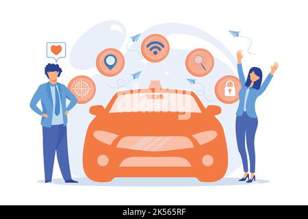 Businessman likes autonomous driverless car with smart technology icons. Autonomous driving, self-driving car, future transport system concept. vector Stock Vector