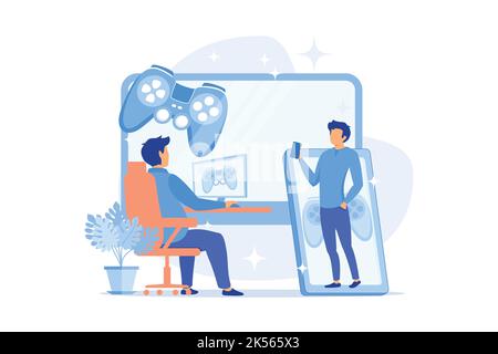 Gamers play video game on different hardware platforms. Cross-platform play, cross-play and cross-platform gaming concept on white background. vector Stock Vector