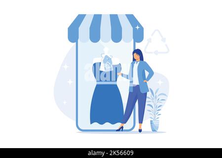 Eco friendly clothing brand. Recycling tag, plastic free apparel, ecological garment. Female fashion. Woman buying natural material clothes. Vector il Stock Vector