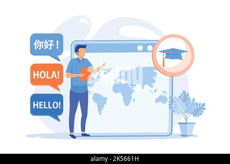 Foreign languages translating. Linguistics science, machine translation, university students exchange program. Language learning courses. Vector illus Stock Vector