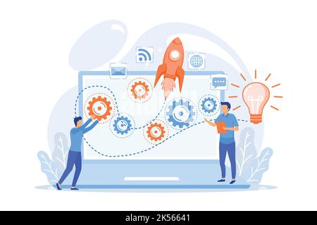 Startup team receive mentoring and training to accelerate growth and laptop. Startup accelerator, seed accelerator, startup mentoring concept. vector Stock Vector