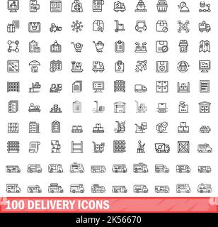 100 delivery icons set. Outline illustration of 100 delivery icons vector set isolated on white background Stock Vector