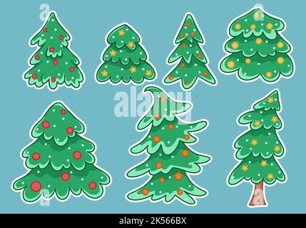 Christmas trees stickers set. Festive Christmas trees decorated with balls and stars. Green fir trees hand drawn printable collection vector Stock Vector