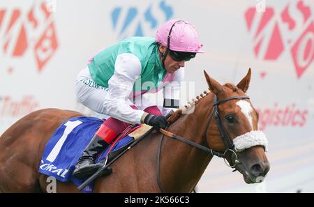 File photo dated 11-09-2022 of Chaldean ridden by Jockey Frankie Dettori. Chaldean gets the nod in what appears a red-hot renewal of the Darley Dewhurst Stakes at Newmarket. Issue date: Thursday October 6, 2022. Stock Photo