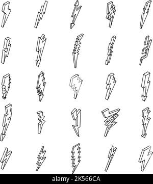 Lightning bolt icons set. Isometric set of lightning bolt vector icons outline isolated on white background Stock Vector