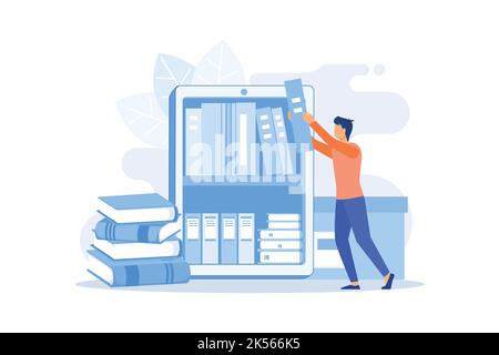 Ebooks collection. Library archive, e reading, literature. Male cartoon character loading books in ereader. Man putting novels in covers on bookshelf. Stock Vector