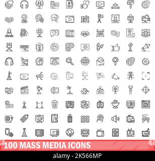 100 mass media icons set. Outline illustration of 100 mass media icons vector set isolated on white background Stock Vector