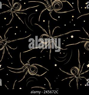 Seamless pattern with spiders and stars. Halloween mood pattern. Black background with gold pattern. Terrible scary pattern. Stock Vector