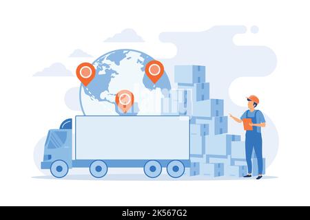 Order worldwide delivery service. Storehouse products storage. Transit warehouse, bonded warehouse, transferring process of goods concept. Stock Vector