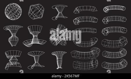 Set of abstract geometric technology elements in cyberpunk style. Retro vintage collection 3d virtual digital design. Texture 80s vr. Futuristic Stock Vector