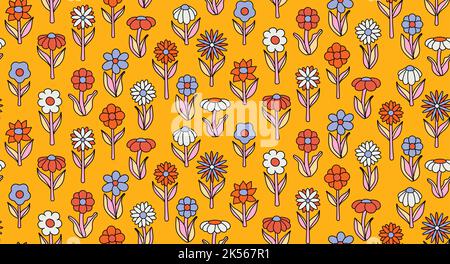 groovy background. Seamless bright repeat pattern of simple blooming flowers in 1970s psychedelic hippie style. graphic decor ornament in retro design Stock Vector