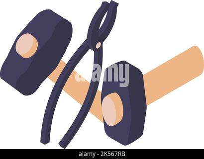 Blacksmith equipment icon isometric vector. Two hammer and blacksmith tongs icon. Professional equipment, blacksmithing Stock Vector