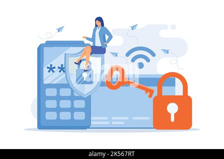 Access control card with key and lock and woman with protection shield. Electronic opening system, security system, automatic access card concept. Vec Stock Vector