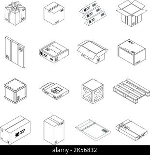 Parcel icon set. Isometric set of parcel vector icons outline isolated on white background Stock Vector