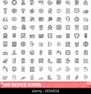 100 device icons set. Outline illustration of 100 device icons vector set isolated on white background Stock Vector