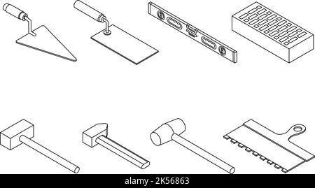 Masonry worker icons set. Isometric set of masonry worker vector icons outline isolated on white background Stock Vector