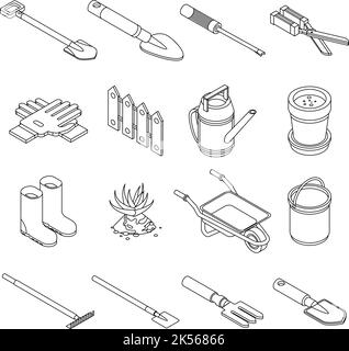 Gardening tools icons set. Isometric set of gardening tools vector icons outline isolated on white background Stock Vector