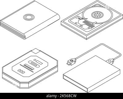 Hard disk icons set. Isometric set of hard disk vector icons outline isolated on white background Stock Vector