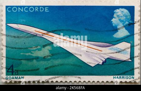 Photo of a British postage stamp commemorating the first flight of Concorde in 1969 over the British Isles and France Stock Photo