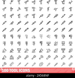 100 tool icons set. Outline illustration of 100 tool icons vector set isolated on white background Stock Vector