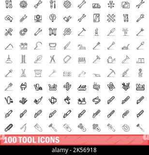 100 tool icons set. Outline illustration of 100 tool icons vector set isolated on white background Stock Vector