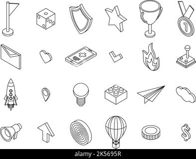 Gamification icons set. Isometric set of gamification vector icons outline isolated on white background Stock Vector