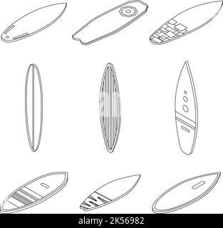 Surfboard icons set. Isometric set of surfboard vector icons outline isolated on white background Stock Vector