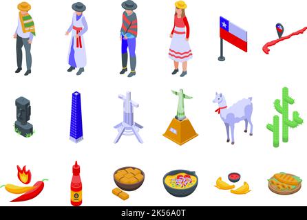 Chile icons set isometric vector. Map adventure. Travel america Stock Vector