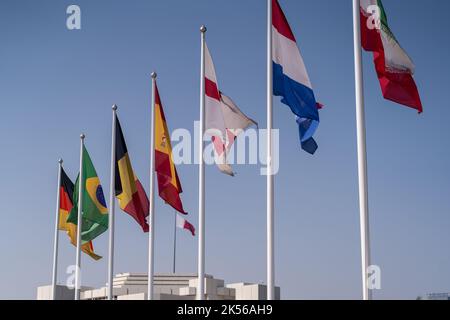 Flags of nations qualified for World Cup 2022 Qatar at Doha Corniche, Qatar. Stock Photo