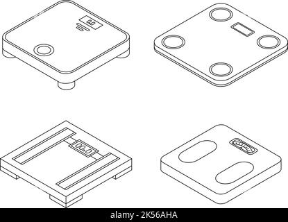Weigh scales icons set. Isometric set of weigh scales vector icons outline isolated on white background Stock Vector