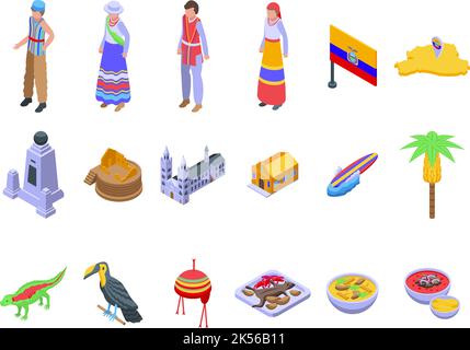 Ecuador icons set isometric vector. America flag. City banana Stock Vector